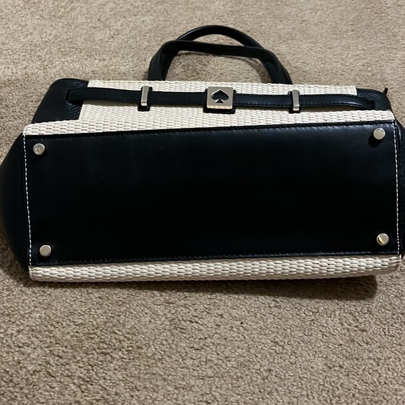 KATE SPADE Black Leather White Woven Patterned Silver Tone Hardware Tote Handbag - Picture 3 of 12